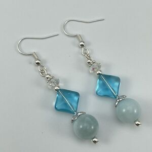 Silver Plated Blue White AB Glass Stone Dangle Earrings Artisan New Handcrafted
